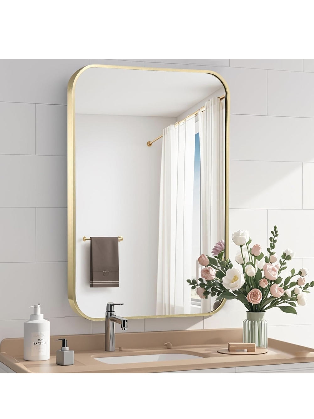26x38 Inch Brushed Gold Framed Rectangular Bathroom Mirror - Elegant Wall Mirror